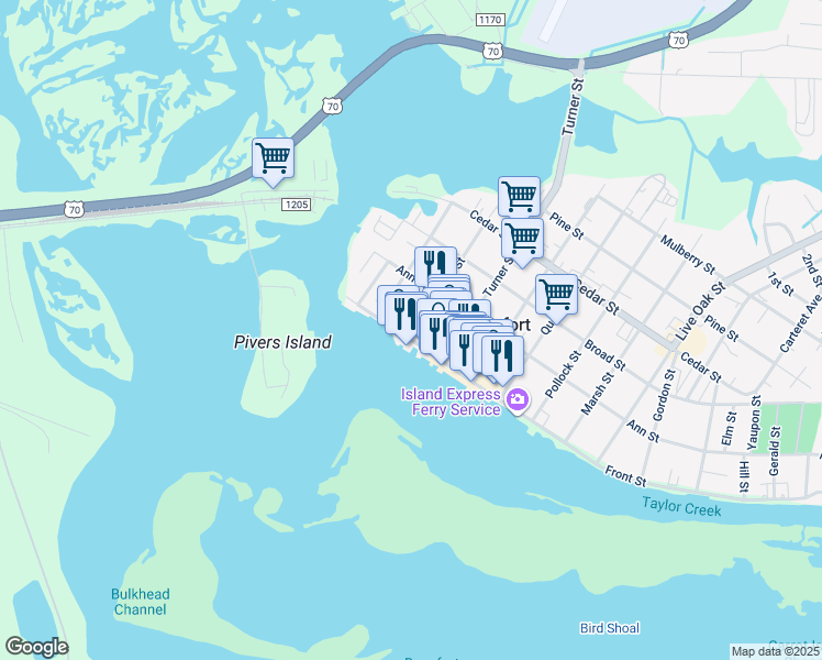 map of restaurants, bars, coffee shops, grocery stores, and more near 229 Front Street in Beaufort