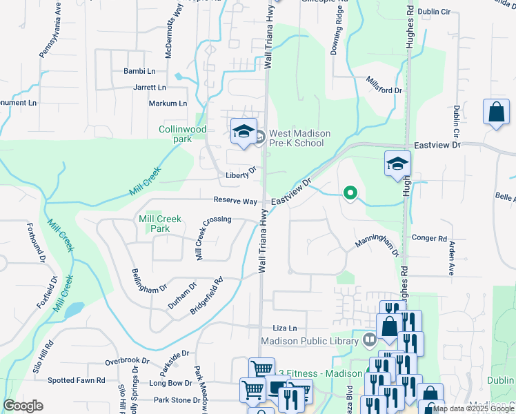 map of restaurants, bars, coffee shops, grocery stores, and more near 100 Mill Creek Crossing in Madison