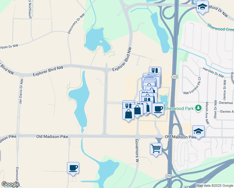 map of restaurants, bars, coffee shops, grocery stores, and more near 320 Voyager Way Northwest in Huntsville