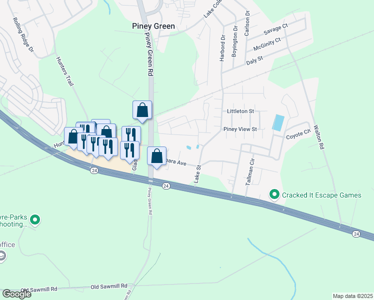 map of restaurants, bars, coffee shops, grocery stores, and more near 212 Avery Street in Piney Green