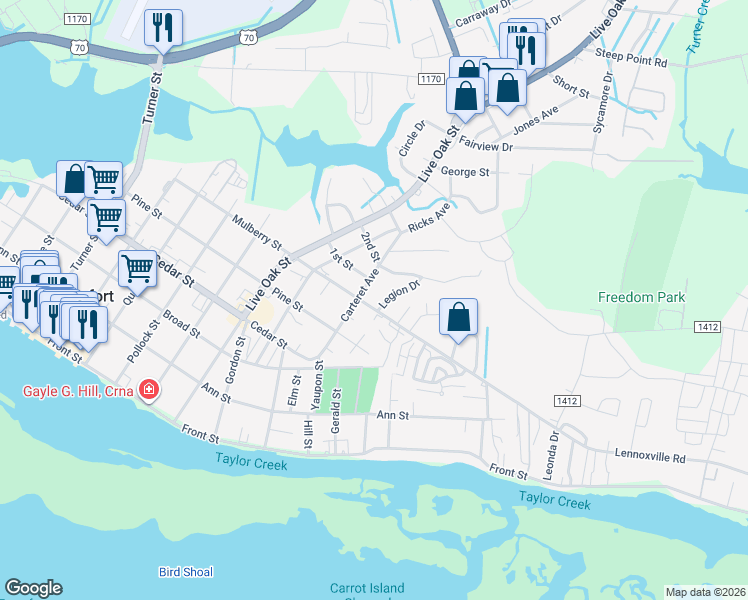 map of restaurants, bars, coffee shops, grocery stores, and more near 1202 Lennoxville Road in Beaufort