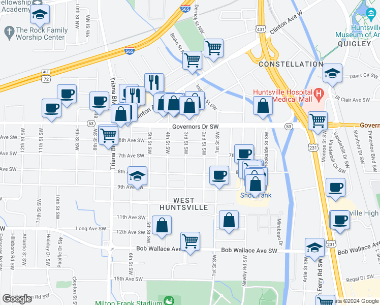 map of restaurants, bars, coffee shops, grocery stores, and more near 2711 7th Avenue Southwest in Huntsville