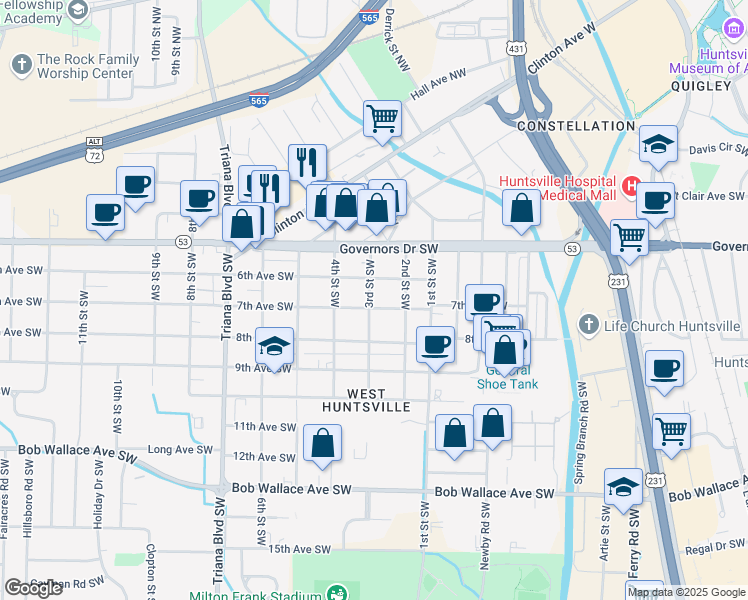 map of restaurants, bars, coffee shops, grocery stores, and more near 2711 7th Avenue Southwest in Huntsville