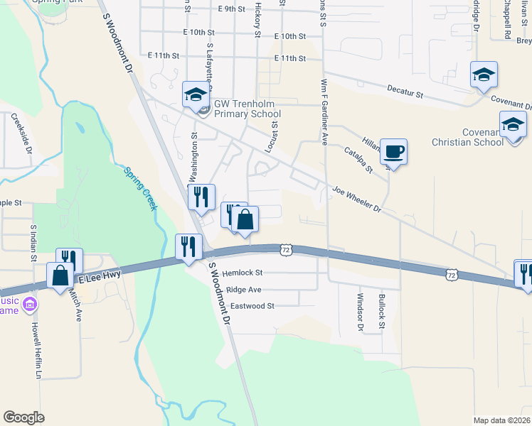 map of restaurants, bars, coffee shops, grocery stores, and more near 104 Carrie Lane in Tuscumbia
