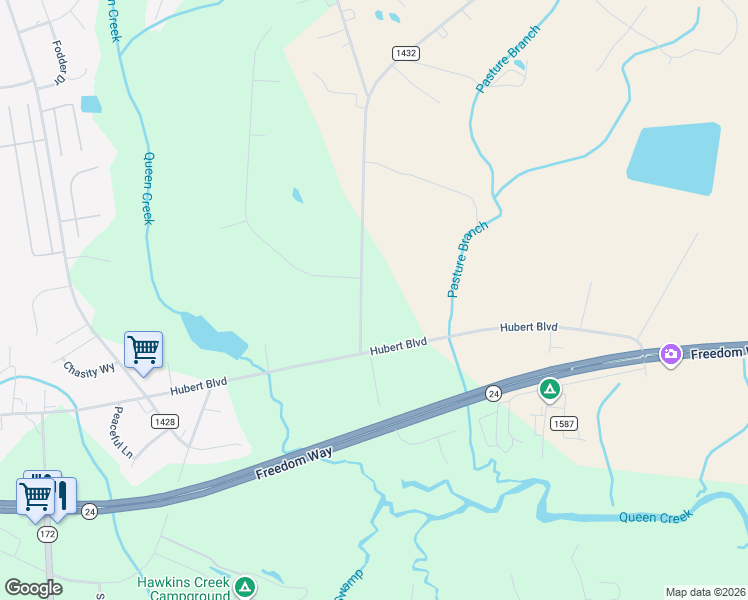 map of restaurants, bars, coffee shops, grocery stores, and more near 114 Parkertown Road in Hubert