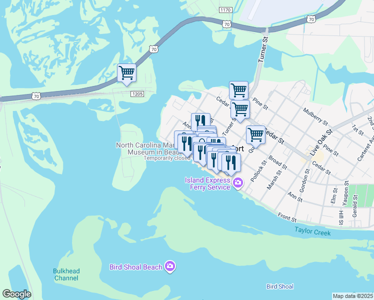 map of restaurants, bars, coffee shops, grocery stores, and more near 300 Front Street in Beaufort
