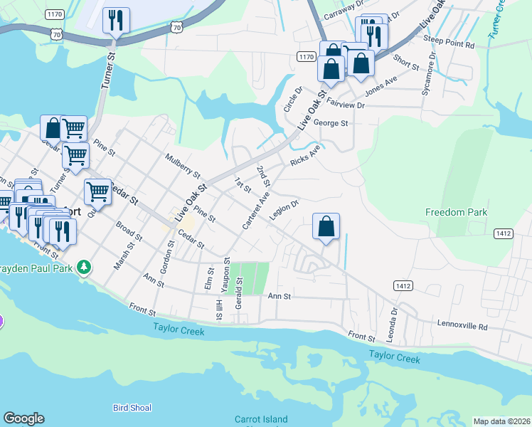map of restaurants, bars, coffee shops, grocery stores, and more near 1202 Lennoxville Road in Beaufort