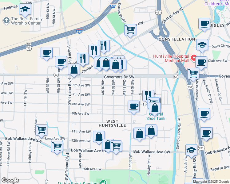 map of restaurants, bars, coffee shops, grocery stores, and more near 2711 7th Avenue Southwest in Huntsville