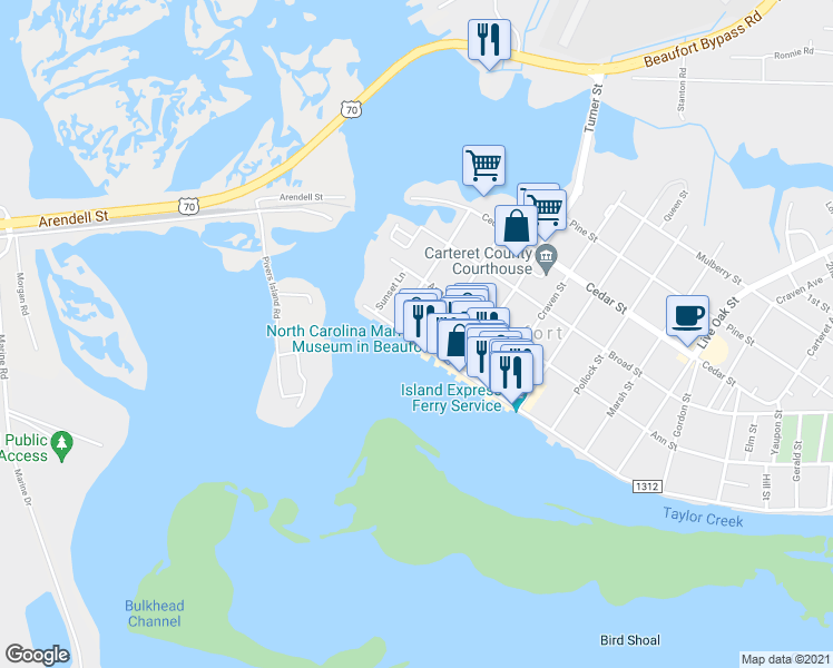 map of restaurants, bars, coffee shops, grocery stores, and more near 217 Front St in Beaufort