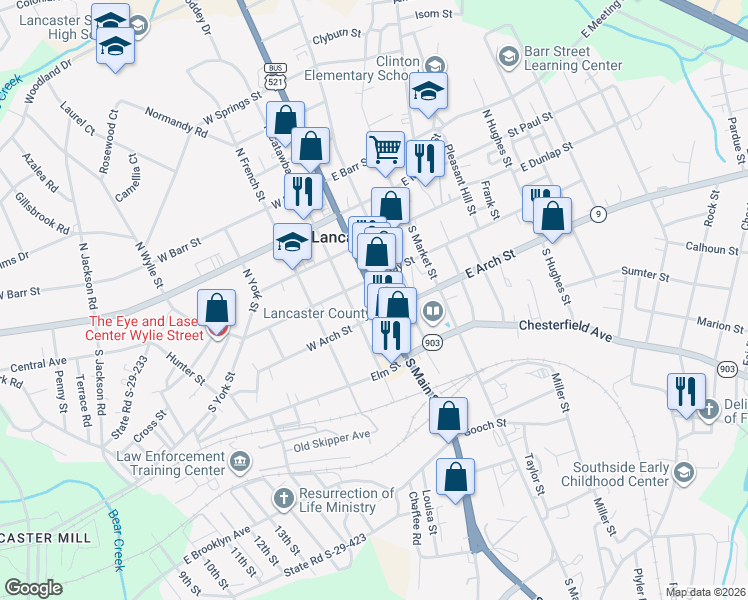 map of restaurants, bars, coffee shops, grocery stores, and more near 301 South Main Street in Lancaster
