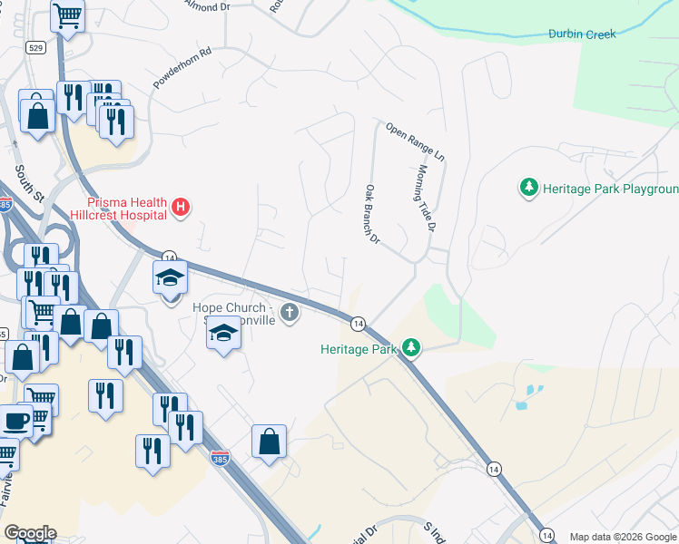 map of restaurants, bars, coffee shops, grocery stores, and more near 104 Roundtree Drive in Simpsonville