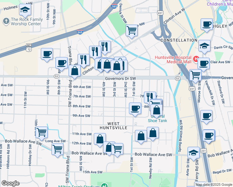 map of restaurants, bars, coffee shops, grocery stores, and more near 2711 7th Avenue Southwest in Huntsville