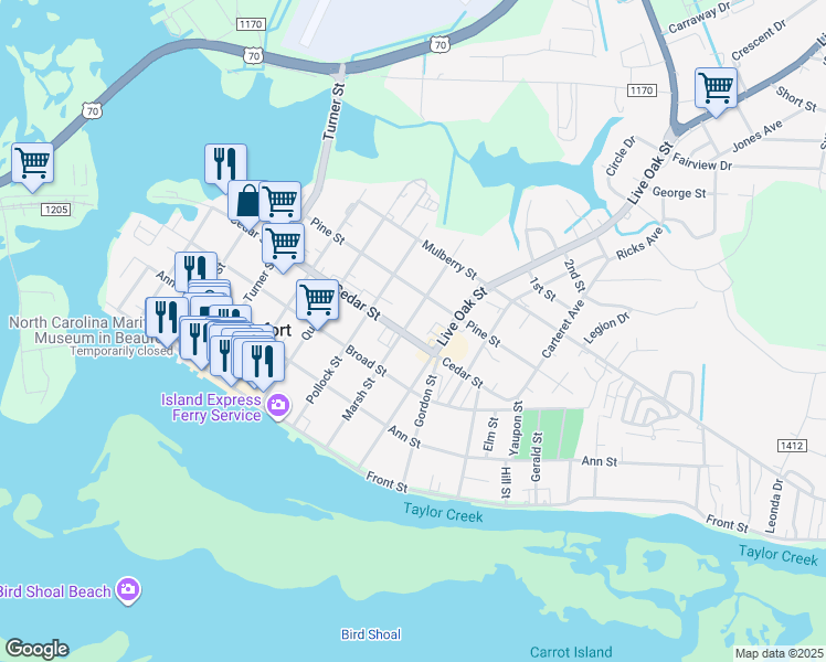 map of restaurants, bars, coffee shops, grocery stores, and more near 814 Cedar Street in Beaufort