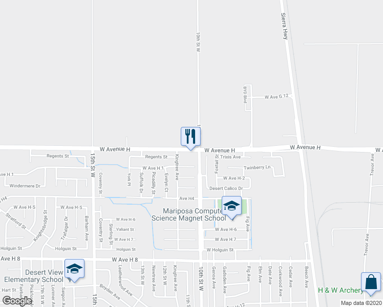 map of restaurants, bars, coffee shops, grocery stores, and more near 1016 West Avenue H in Lancaster