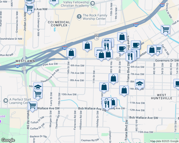 map of restaurants, bars, coffee shops, grocery stores, and more near 3609 6th Avenue Southwest in Huntsville