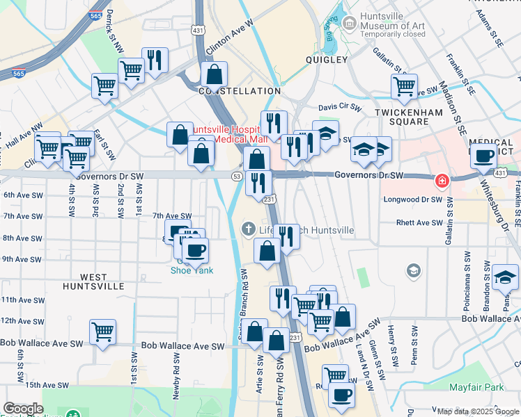 map of restaurants, bars, coffee shops, grocery stores, and more near 2012 Mims Court Northeast in Huntsville