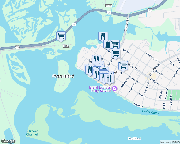 map of restaurants, bars, coffee shops, grocery stores, and more near 217 Front St in Beaufort