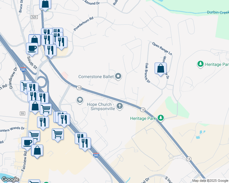 map of restaurants, bars, coffee shops, grocery stores, and more near 114 Pride Drive in Simpsonville