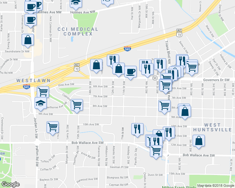 map of restaurants, bars, coffee shops, grocery stores, and more near 3609 6th Avenue Southwest in Huntsville