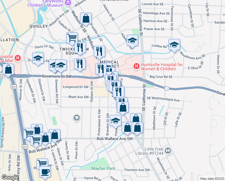 map of restaurants, bars, coffee shops, grocery stores, and more near 2013 Whitesburg Drive in Huntsville