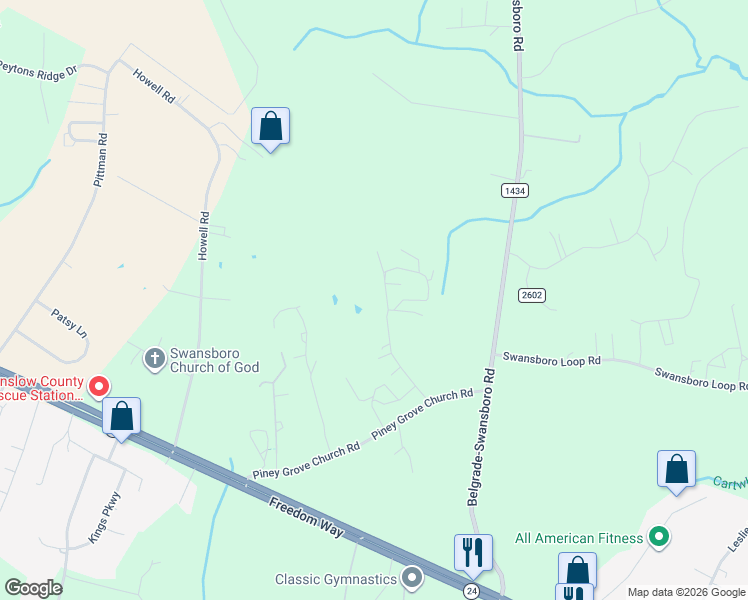 map of restaurants, bars, coffee shops, grocery stores, and more near 163 Toomer Road in Swansboro