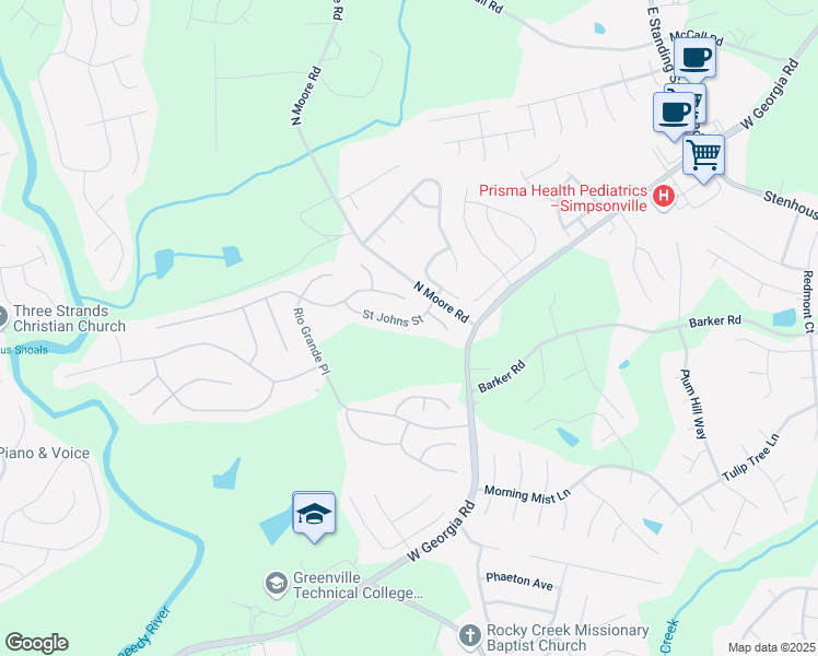 map of restaurants, bars, coffee shops, grocery stores, and more near 113 Saint Johns Street in Simpsonville