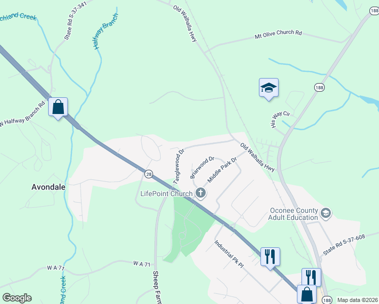 map of restaurants, bars, coffee shops, grocery stores, and more near 705 Tanglewood Drive in Seneca