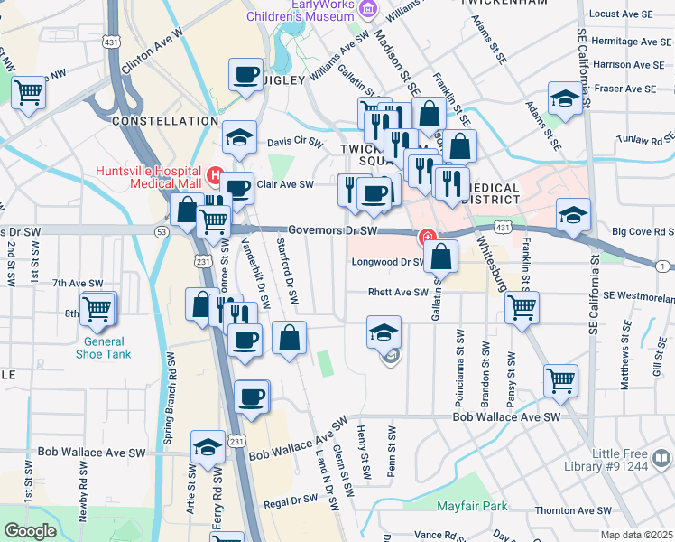 map of restaurants, bars, coffee shops, grocery stores, and more near 2017 Sewanee Road Southwest in Huntsville