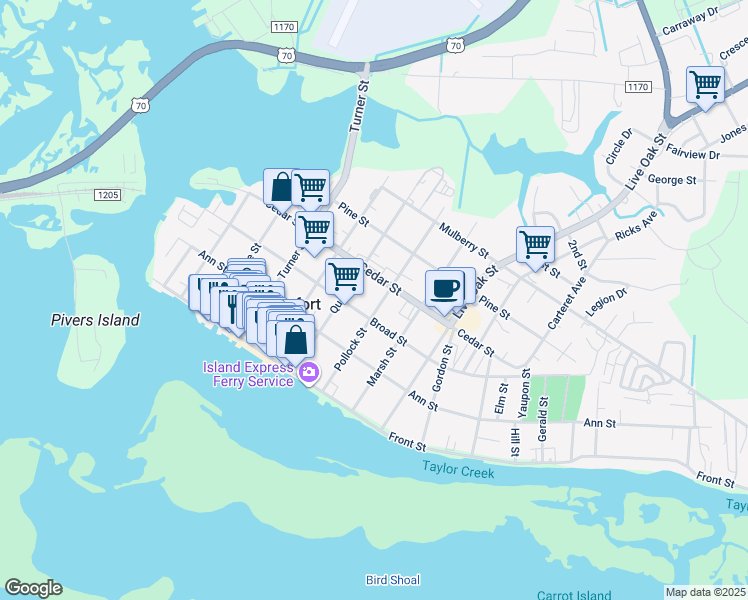 map of restaurants, bars, coffee shops, grocery stores, and more near 307 Pollock Street in Beaufort