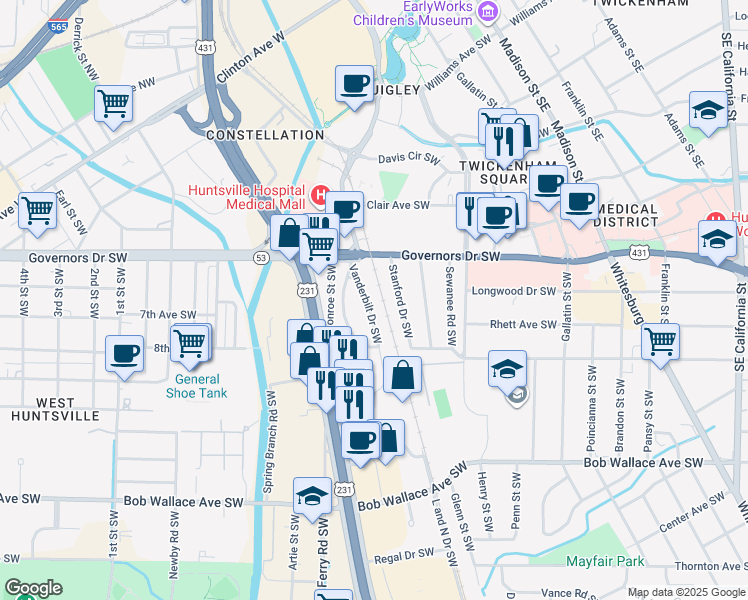 map of restaurants, bars, coffee shops, grocery stores, and more near 2010 Stanford Drive Southwest in Huntsville