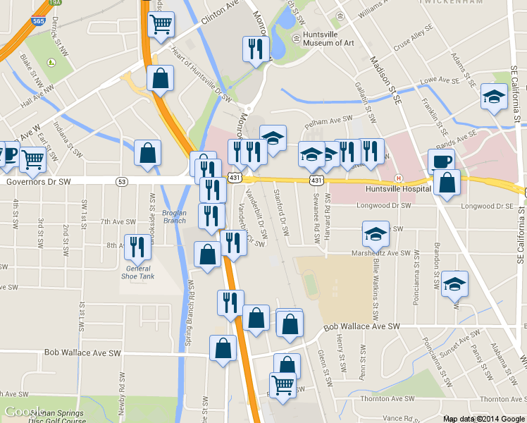map of restaurants, bars, coffee shops, grocery stores, and more near 2019 Vanderbilt Drive Southwest in Huntsville