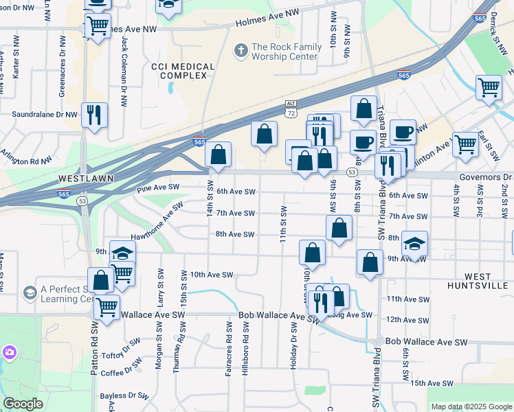 map of restaurants, bars, coffee shops, grocery stores, and more near 3713 6th Avenue Southwest in Huntsville