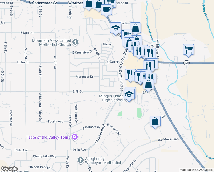 map of restaurants, bars, coffee shops, grocery stores, and more near 1725 Avenida Rio Verde in Cottonwood