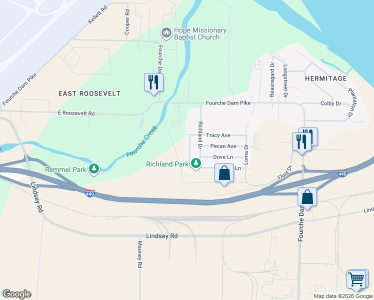 map of restaurants, bars, coffee shops, grocery stores, and more near 3002 Bermuda Lane in Little Rock