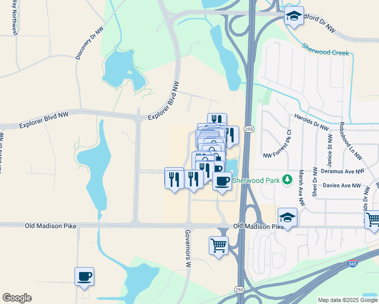 map of restaurants, bars, coffee shops, grocery stores, and more near 6854 Governors West in Huntsville