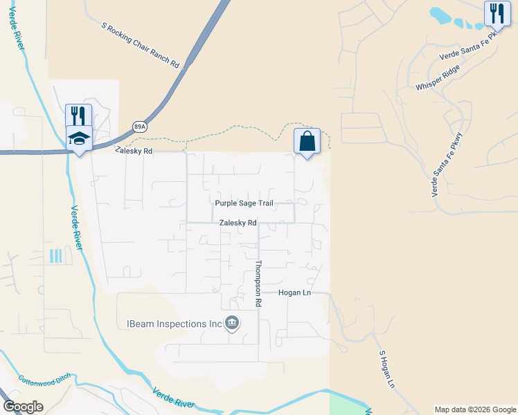 map of restaurants, bars, coffee shops, grocery stores, and more near 4460 Purple Sage Trail in Cottonwood