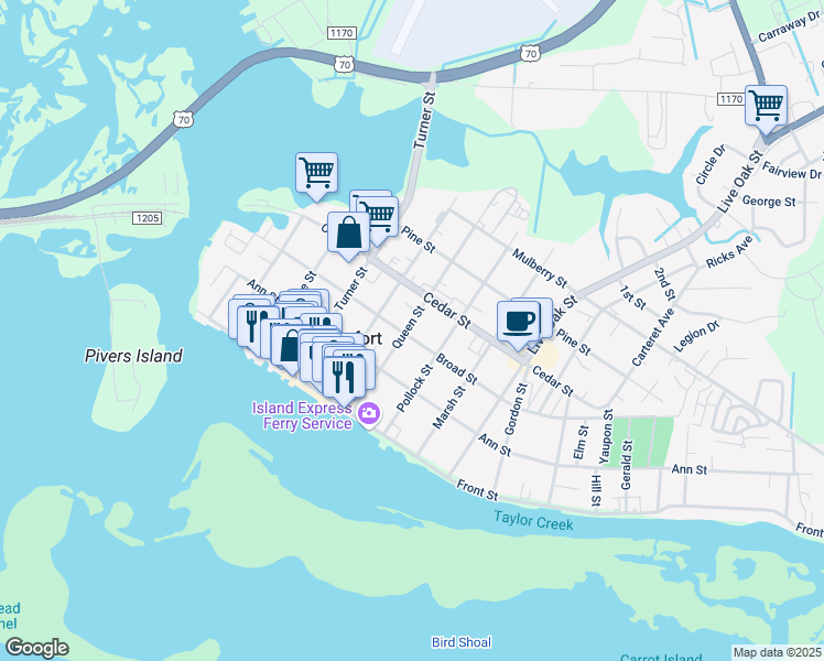 map of restaurants, bars, coffee shops, grocery stores, and more near 302 Courthouse Square in Beaufort