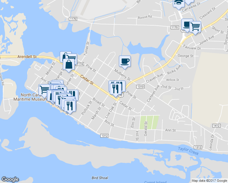 map of restaurants, bars, coffee shops, grocery stores, and more near 410 Marsh Street in Beaufort