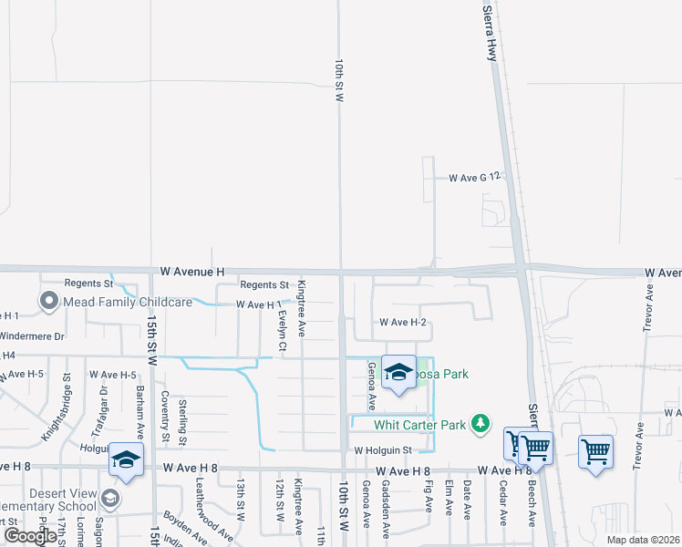 map of restaurants, bars, coffee shops, grocery stores, and more near 46135 10th Street West in Lancaster