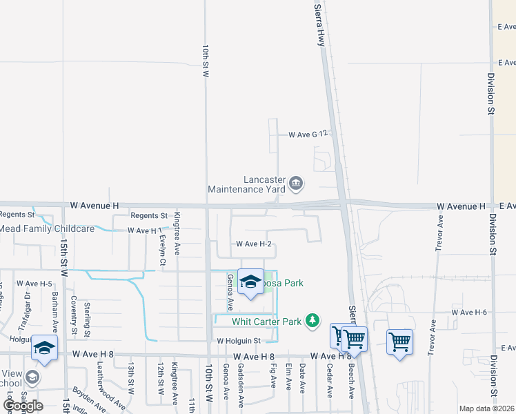 map of restaurants, bars, coffee shops, grocery stores, and more near 46020 7th Street West in Lancaster