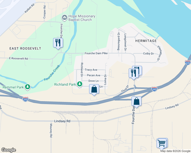 map of restaurants, bars, coffee shops, grocery stores, and more near 6508 Pecan Avenue in Little Rock