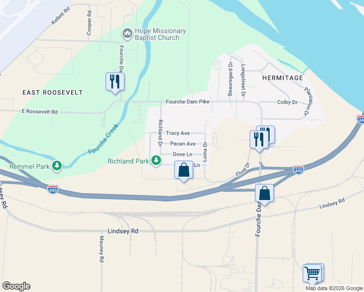 map of restaurants, bars, coffee shops, grocery stores, and more near 6508 Pecan Avenue in Little Rock