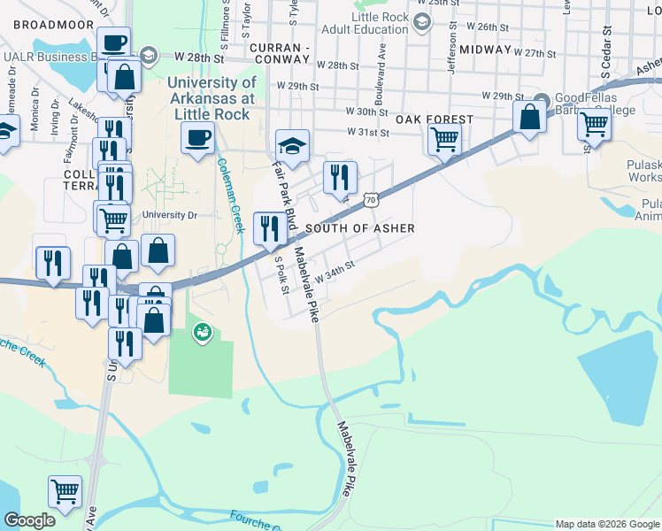 map of restaurants, bars, coffee shops, grocery stores, and more near 5303 West 33rd Street in Little Rock
