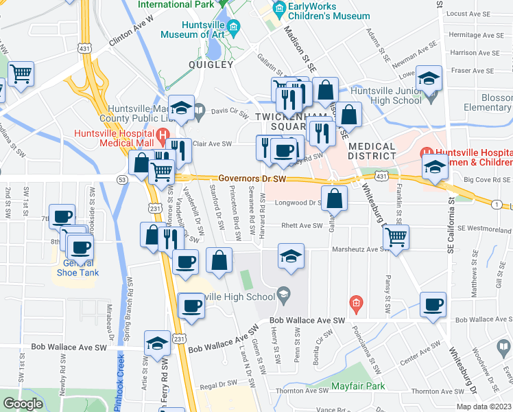 map of restaurants, bars, coffee shops, grocery stores, and more near 2015 Sewanee Road Southwest in Huntsville