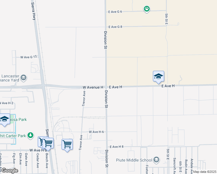 map of restaurants, bars, coffee shops, grocery stores, and more near 105 East Avenue H in Lancaster