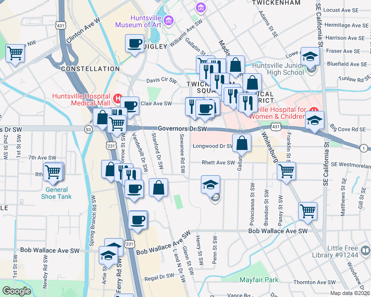 map of restaurants, bars, coffee shops, grocery stores, and more near 2011 Sewanee Road Southwest in Huntsville