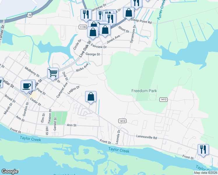 map of restaurants, bars, coffee shops, grocery stores, and more near 423 2nd Street in Beaufort