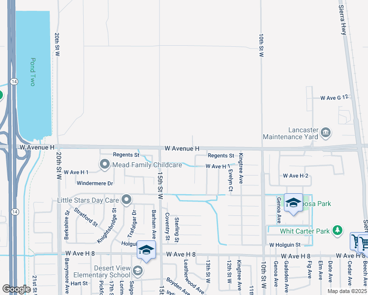 map of restaurants, bars, coffee shops, grocery stores, and more near 1243 West Avenue H in Lancaster