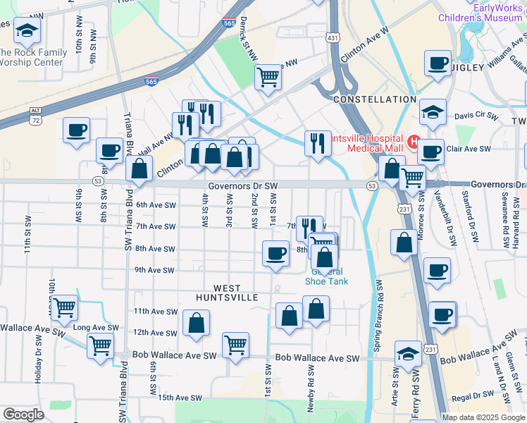 map of restaurants, bars, coffee shops, grocery stores, and more near 2608 6th Avenue Southwest in Huntsville