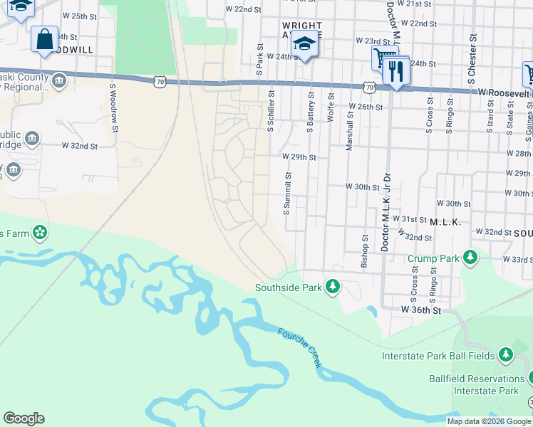map of restaurants, bars, coffee shops, grocery stores, and more near 3146 South Schiller Street in Little Rock